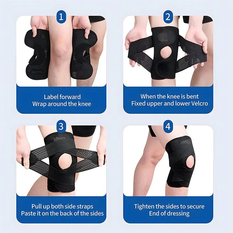 Kniebrace voor kniepijn Compressieondersteuning met zijstabilisator Verstelbare omslag Open Patella-ontwerp Ademende luchtgaasstof